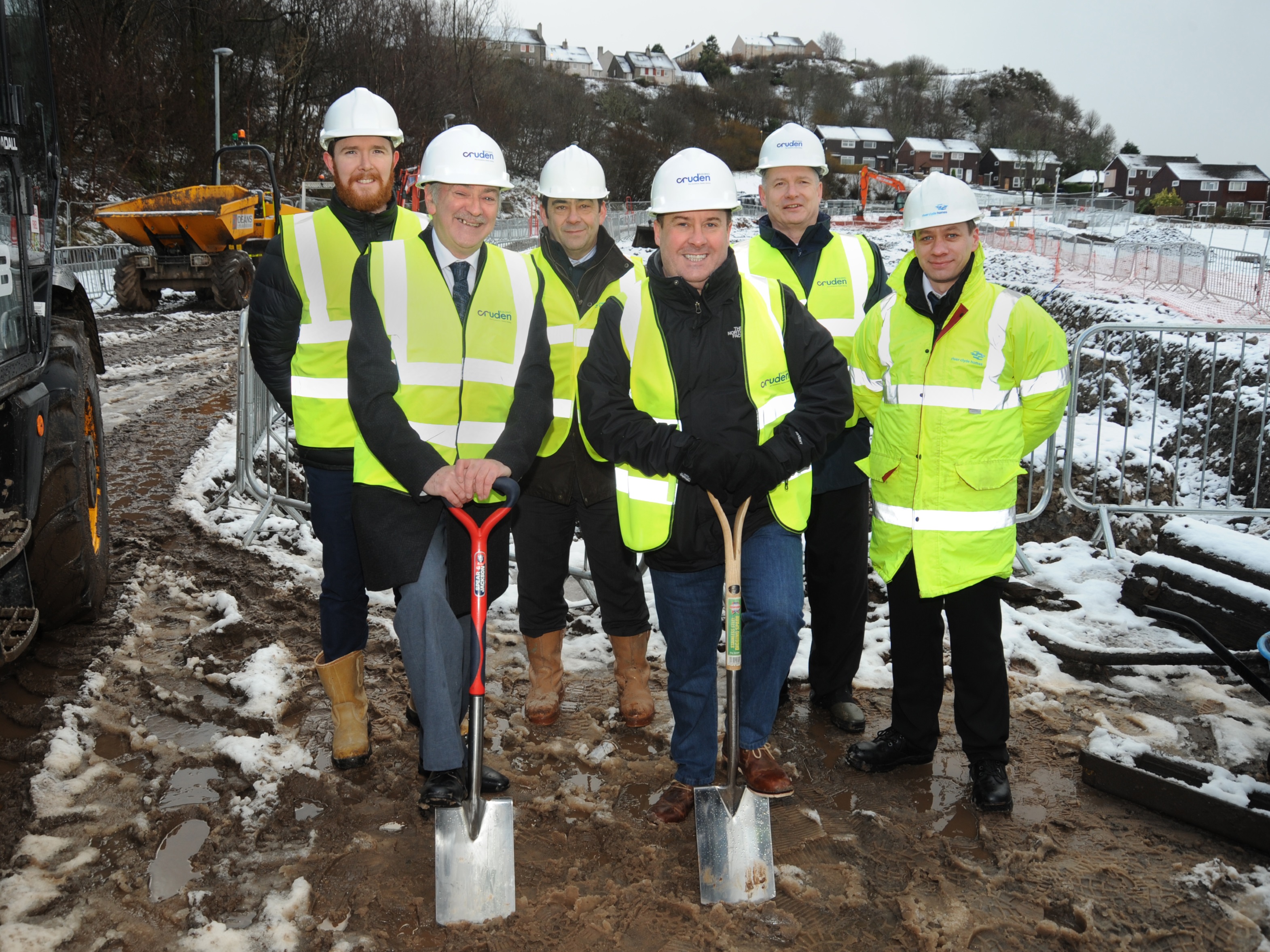 Picture (left - right) Connor McGinley Chameleon Architects; Councillor John Crowther; Gary Wilson RCH; Councillor Tommy McVey; Gordon Lee, Cruden Building and Stephen Murray, River Clyde Homes.