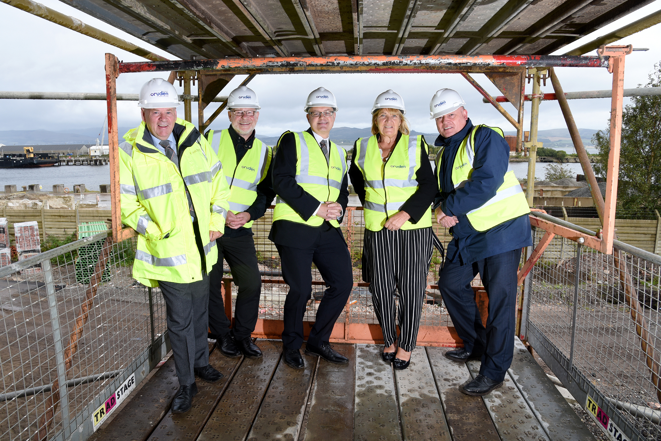 Picture (l – r) Councillor Robert Moran; Kevin Scarlett (Chief Executive, River Clyde Homes), Stuart McMillan MSP, Marilyn Beveridge(Chair, River Clyde Homes), Allan Callaghan, Cruden Building.