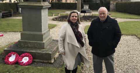 Cruden Homes’ sales and marketing director, Hazel Davies and the  chairman of the Aberlady Community Association, Donald Hay at the Aberlady war memorial 