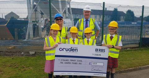 St Blane's Primary School children Ava, Shay, Luke and Eva with Head Teacher Pauline Brown and Thomas McGunnigle from Cruden Building