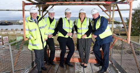 Picture (l – r) Councillor Robert Moran; Kevin Scarlett (Chief Executive, River Clyde Homes), Stuart McMillan MSP, Marilyn Beveridge(Chair, River Clyde Homes), Allan Callaghan, Cruden Building.